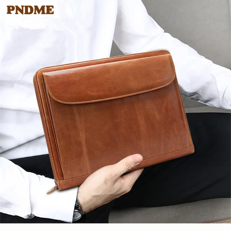 

PNDME high quality vintage genuine leather men's women's clutch simple soft cowhide designer luxury brown ipad business bag