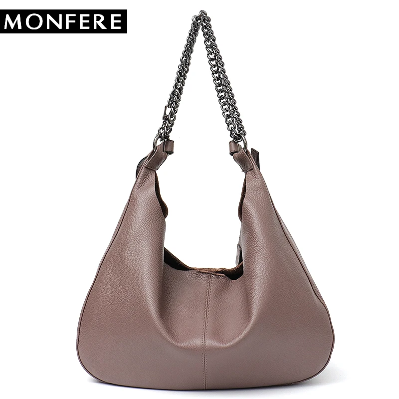 

MONFERE Luxury High Quality Women Leather Hobo Genuine Leather Shoulder Bags for Ladies Large Soft Messenger Bag Chain Handbags