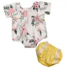 Baby Girls Romper 2017 Summer Floral Infant Baby Girls Romper Short Sleeve O-Neck Rompers Yellow Lace Cotton Outfit Clothes Kid