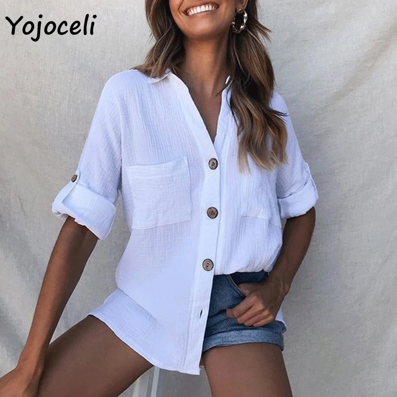 

Yojoceli 2019 new spring summer button down shirt blouses women streetwear cotton blouses shirt tops casual female blusas