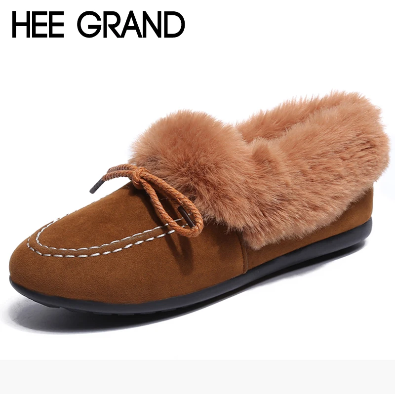 

HEE GRAND Women Snow Boots 2019 Warm Platform Suede Winter Ankle Boot Casual Slip On Bowtie Flock Flats Shoes Woman XWX6782