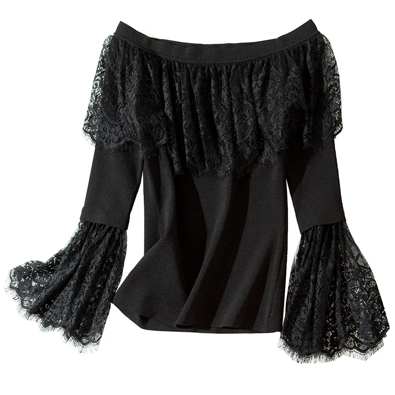 Solid lace elastic knit patchwork slash neck slim pullovers sweater 2018 new flare sleeve off shoulder women autumn sweater