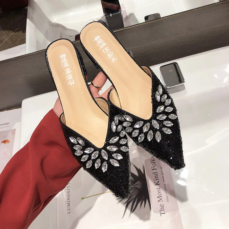 Женские сабо обувь шлёпанцы женские шлёпанцы модные уличные Блестящие кристаллы женские туфли на плоской подошве женские шлёпанцы