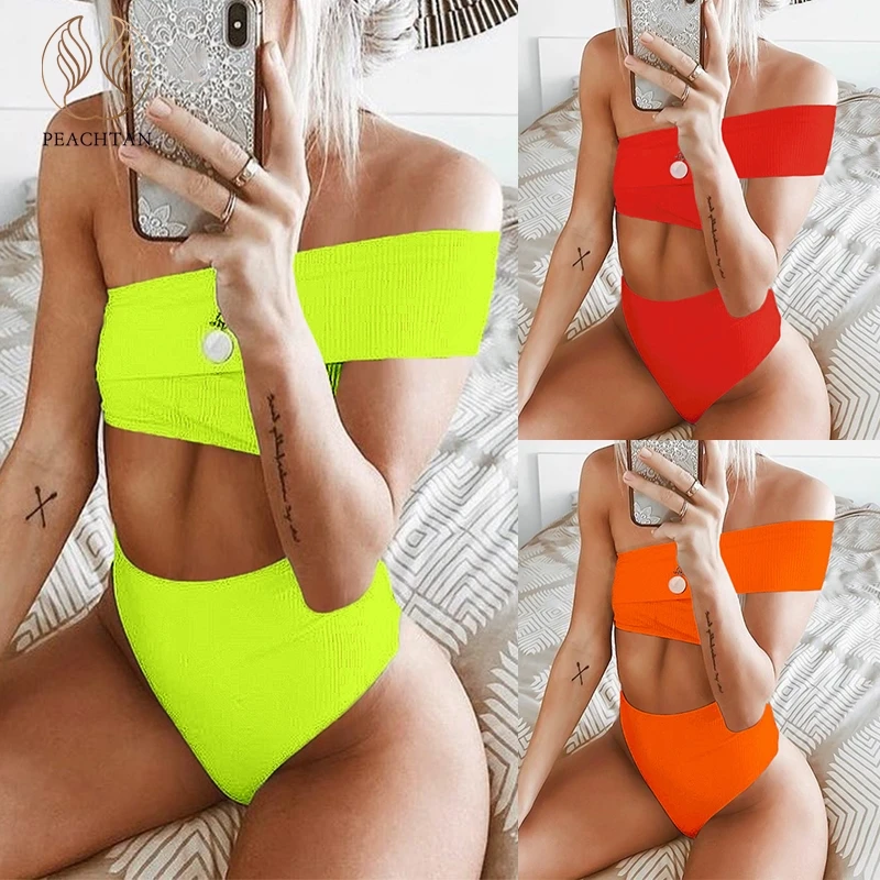 one shoulder neon bikini