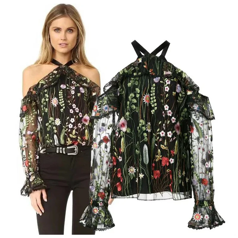 

2017 New Bow collar Long sleeve Pullover Blouse Tops femme Blusa Stylish Halter Off Shoulder Mesh Flower Embroidery Shirt