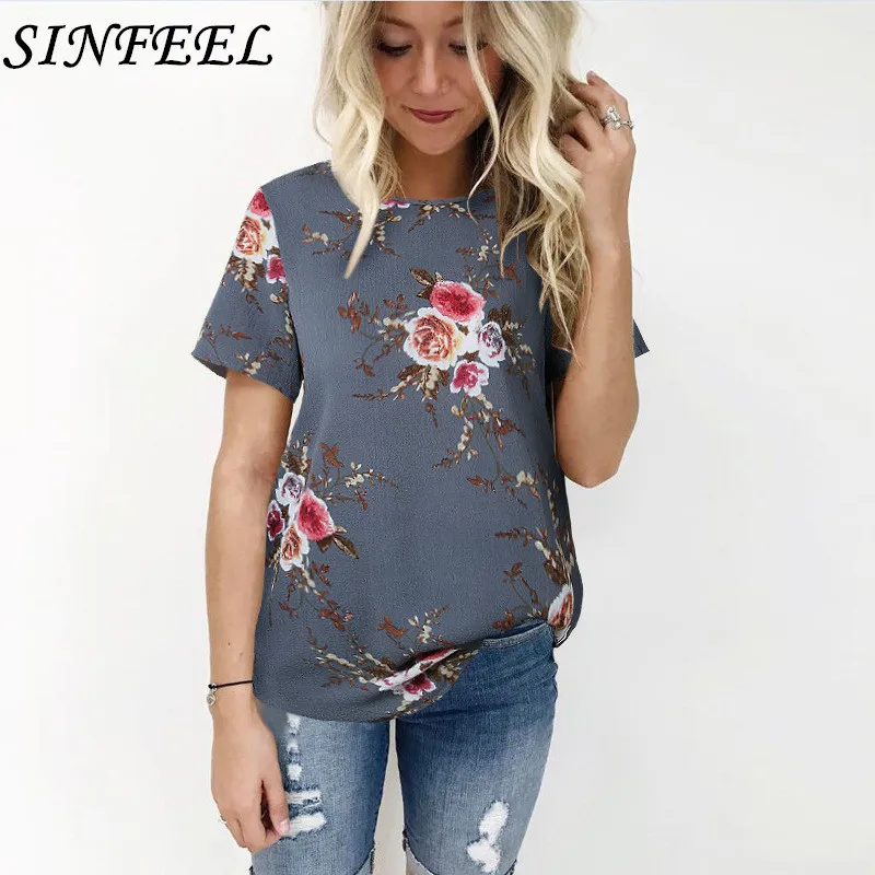 

SINFEEL 2018 Floral Chiffon Blouse Women Tops Short Sleeve Shirt Women Ladies Korean Fashion Blusas Chemise Femme Plus Size