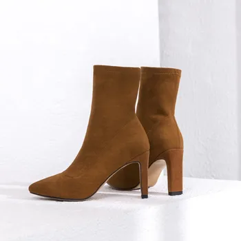 

GPOKHDS 2020 women ankle boots velvet gray color winter short plush high heels female socks boots party dress size 43