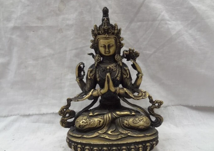 

S3656 9" Chinese Bronze Buddhist Joss Dragon Lion Head 4 Arms Kwan-Yin QuanYin Statue D0317