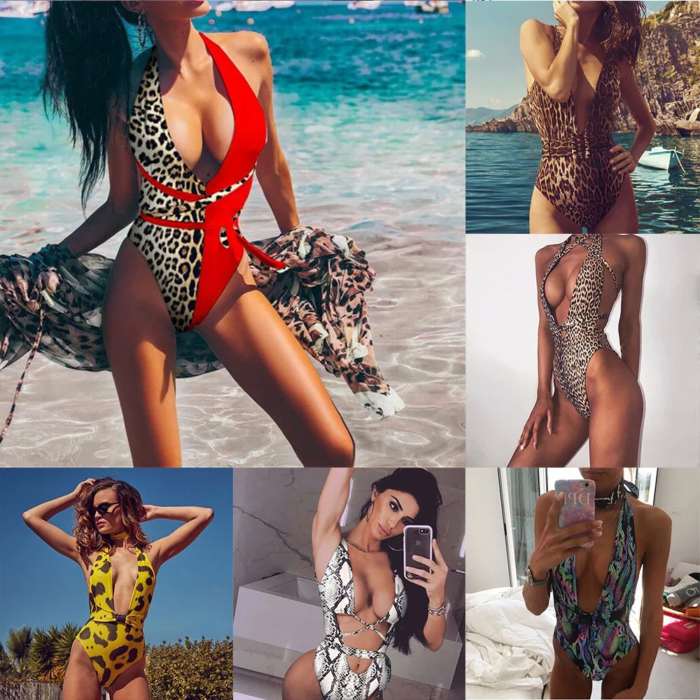 

NEW Vintage Leopard Bodysuit Bandage Belted One-piece Swimsuits Monokini Sexy Patchwork Swimwear Women Brazilian Beachwear 2019