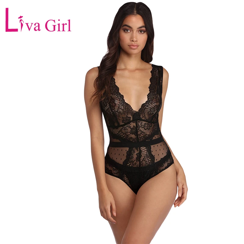 

LIVA GIRL Sexy Sheer Deep V Neck Lace Bodysuit Women 2019 Scalloped Trim Sleeveless Jumpsuit Red Black White Night Club Body Top