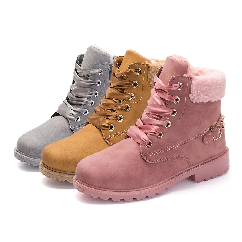 Новинка; женская обувь с круглым носком; зимние ботинки; теплые женские ботинки в британском стиле розового цвета; повседневные ботильоны на шнуровке