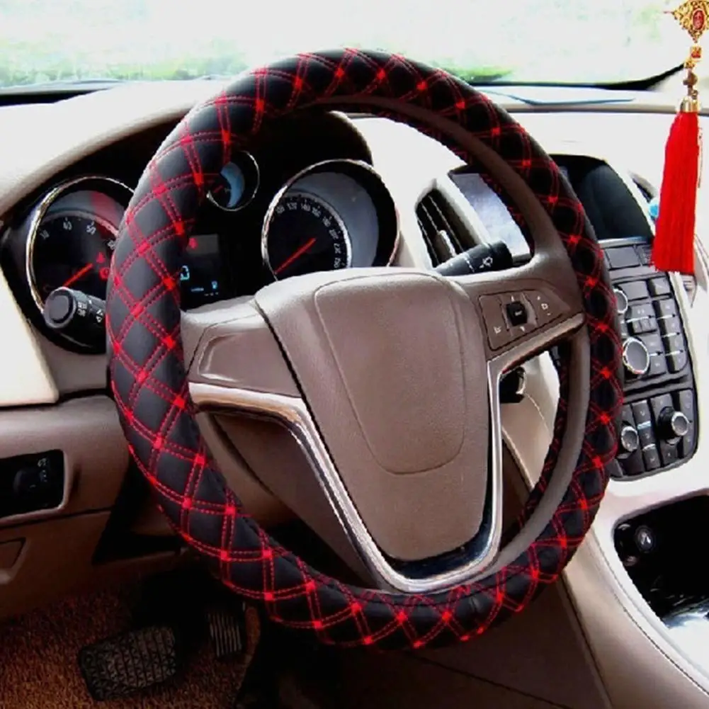 

Fashion Plaid Breathable Faux Leather Car Steering Wheel Cover Protect Sleeve
