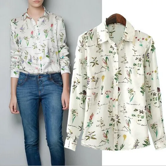 Blusa женщины длинный рукав блузка шифон цветы печать заклёпка женское рубашки