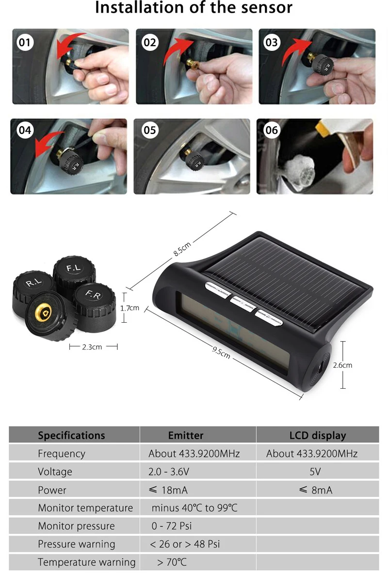 YASOKRO Солнечная TPMS автомобильная система контроля давления в шинах Солнечная зарядка ЖК-дисплей 4 внешних датчика датчик температуры