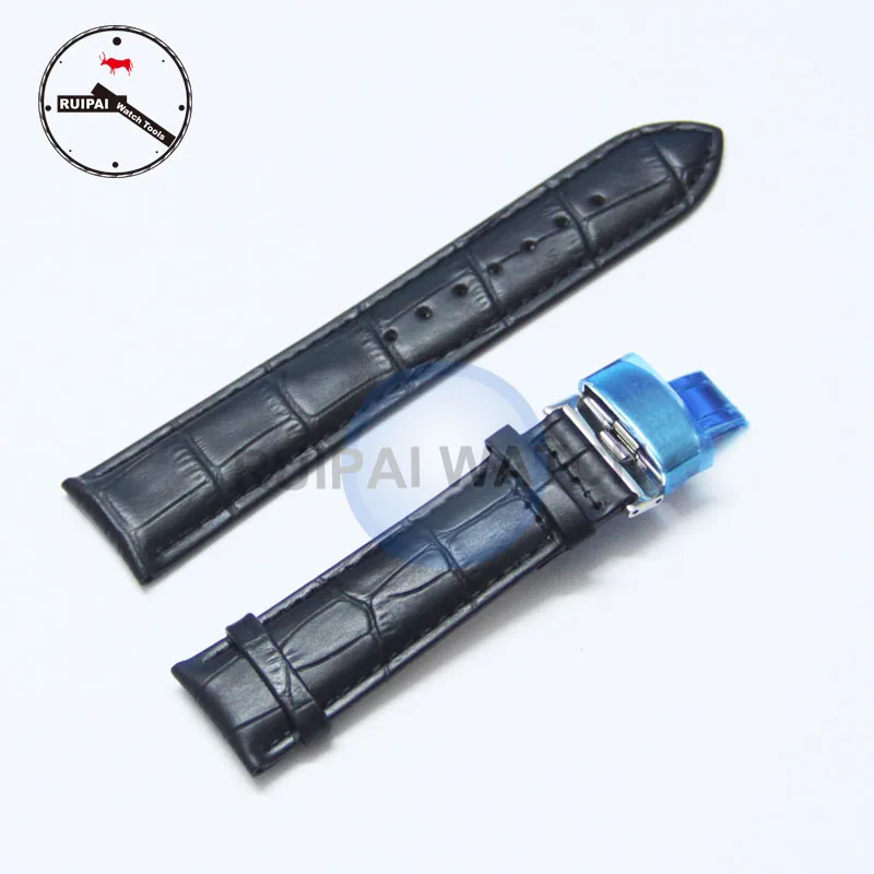 

22mm Genuine Leather Watch Strap Black Flat Type 22mm Watchbands Strap with Bracelets Silver Polished Butterfly Clasp Buckle
