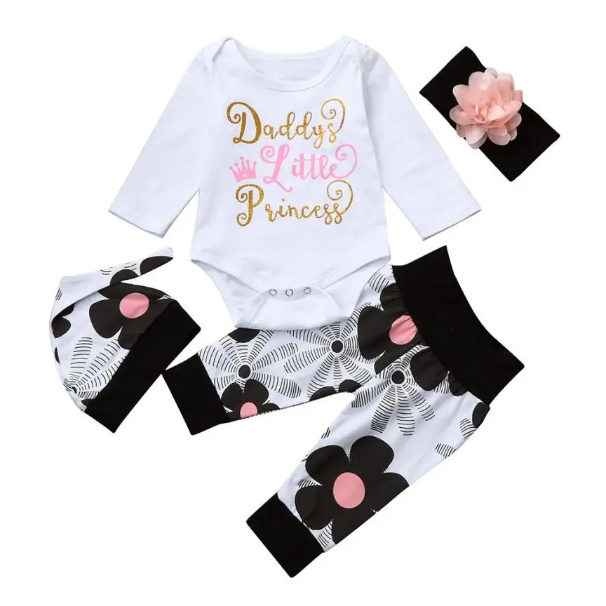 LONSANT/повседневный комбинезон с длинными рукавами для новорожденных девочек с надписью+ штаны с цветочным рисунком шапка, 4 шт., одежда для девочек - Цвет: White