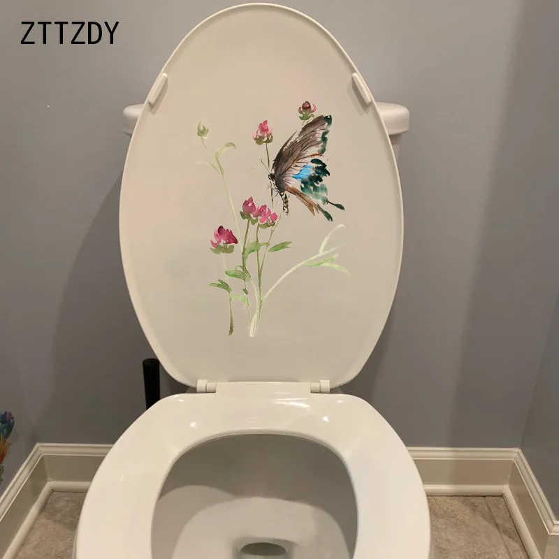

ZTTZDY 16*24.5CM Butterfly And Flower Ink Painting Wall Sticker Toilet Seat Decal Home Decor T2-0462