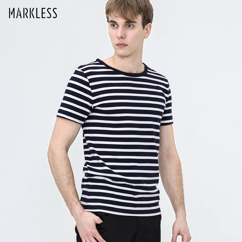 

Markless Men's Tops Fashion Stripe T-shirt Male All-match Summer T Shirt Short-sleeve T-shirt Cotton Classical Man Tee TXA5638M