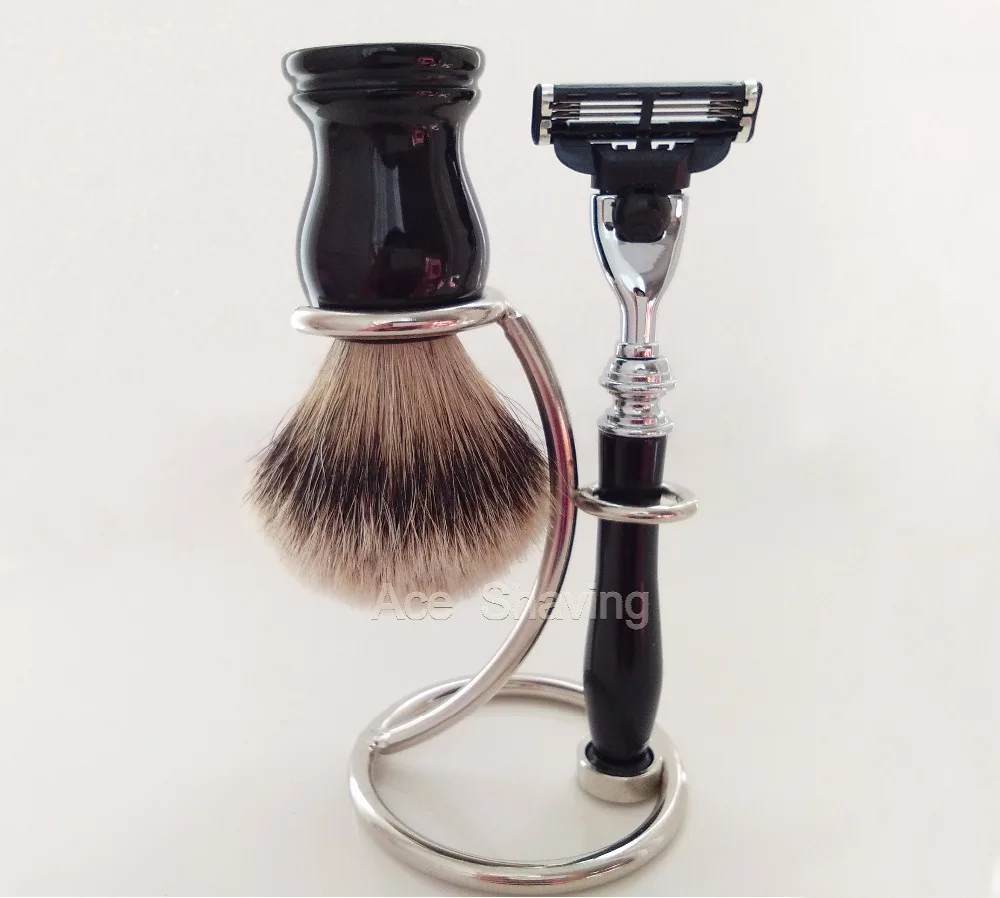 

Black Resin Handle Silvertip Badger Hair Beard Brush Shaving Razor Set Holder