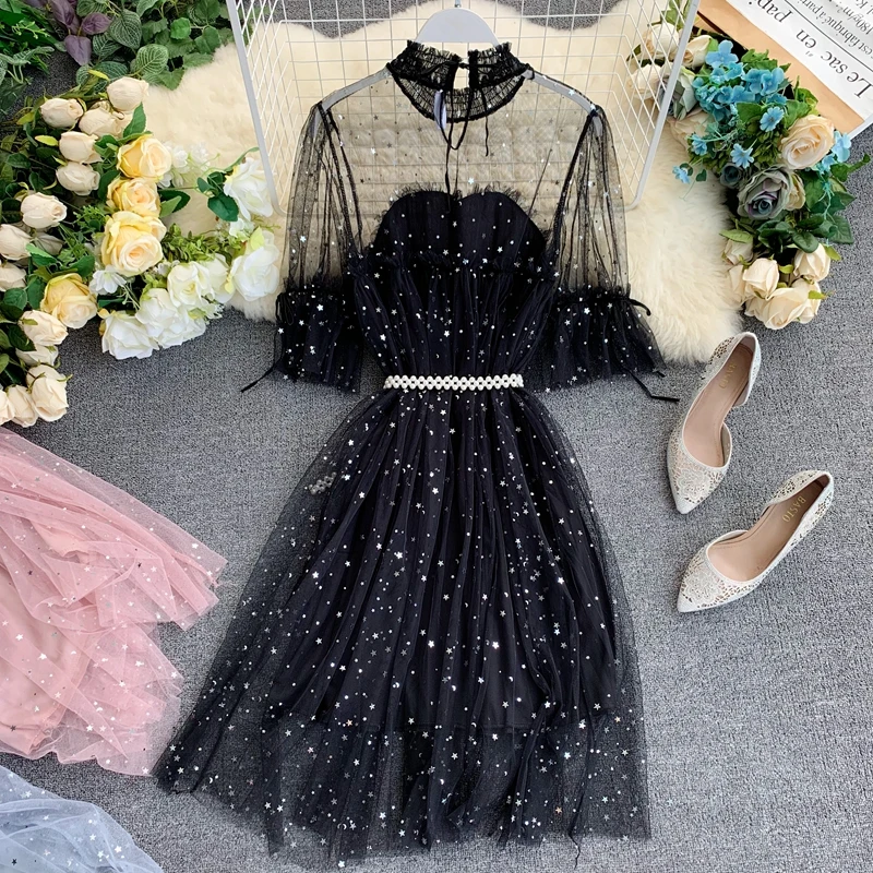 النساء تألق الترتر اللؤلؤ حزام قصيرة الأكمام شبكة Ycasual اللباس سيدة الحلو أنيقة Vestidos F421