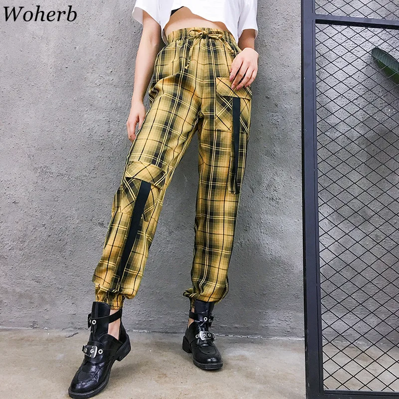 

Woherb Elastic High Waist Yellow Plaid Cargo Pants Women 2019 Casual Loose Straight Trousers Modis Streetwear Harajuku Punk Pant