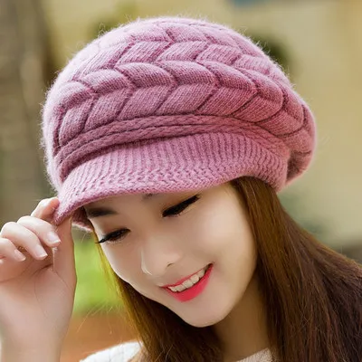 New beanie Elegant women's hat Knitted winter hat for the girl Cap Bow Autumn Ladies Female Fashion Beret Rabbit hair - Цвет: Purple