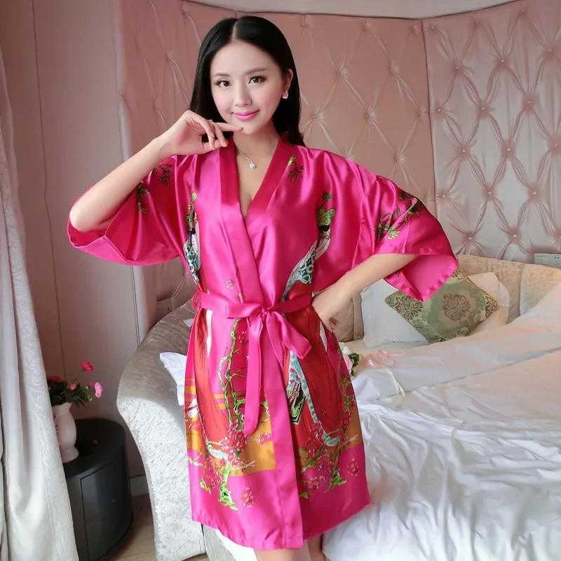 Новые черные Для женщин халат кафтан шелковый халат платье печать belle пижамы кимоно платье дропшиппинг M, L, XL - Цвет: hot pink