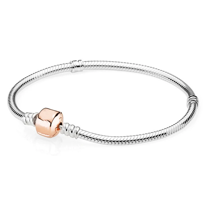 

New 925 Sterling Silver Bracelet Snake chain Lobster Barrel Clasp Bracelet Rose Bangle Fit Women Bead Charm Diy Fine Jewelry