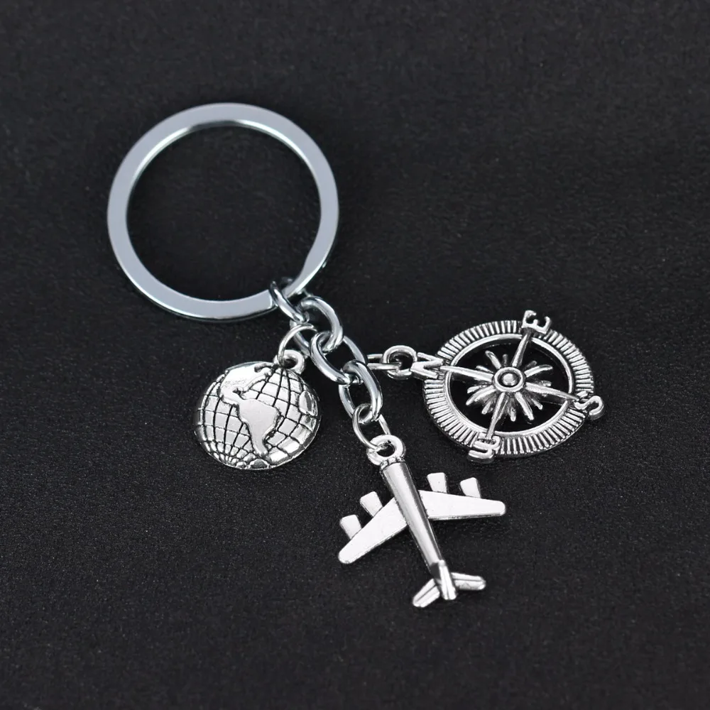 Travelling The World Keychain Airplane Globe Compass Charms Keyring