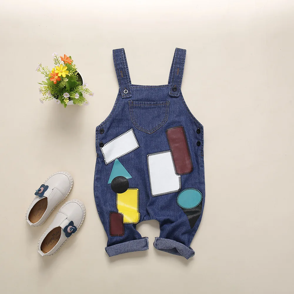 

Unisex Overalls Geometric Patch Printed Clothes Jumpsuit Girls Denim Pants Children Fashion Spring Overalls Loose Jumpsuit Kids