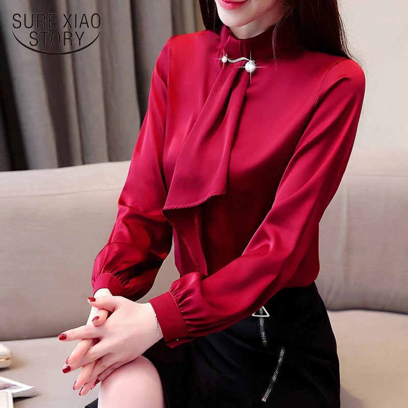 

womens tops and blouses long sleeve plus size chiffon blouse women shirts office lady beading tie collar women blouses 2804 50