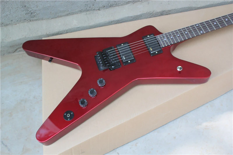 

Factory Wholesale Red Unusual Shaped Flying V Electric Guitar with 2Pickups,Black Hardwares,Offer Customized