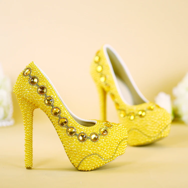 NEW arrival yellow wedding shoes handmade bridal shoes gold pearl party shoes 8cm 11cm 14cm heel