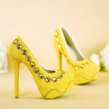 NEW arrival yellow wedding shoes handmade bridal shoes gold pearl party shoes 8cm/11cm/14cm heel big size free shipping