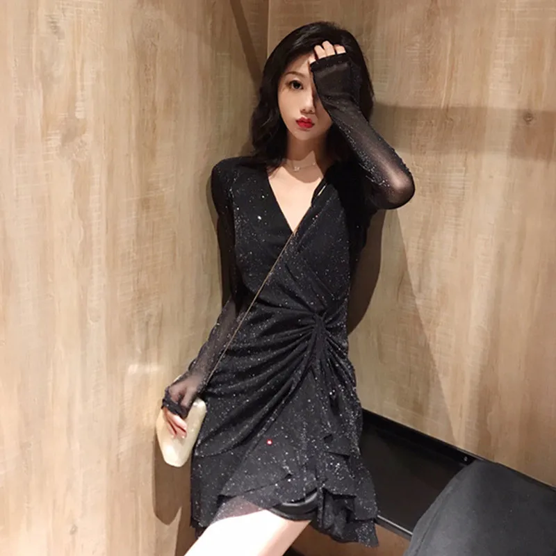 2019 spring dress new Hong Kong flavor chic cross V collar rope tie