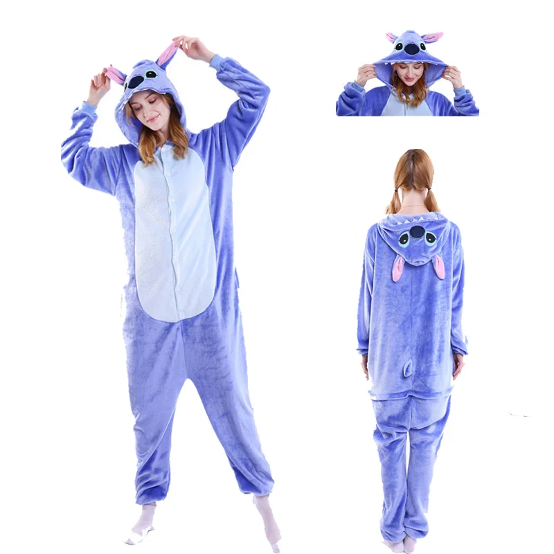 Зимние пижамы кигуруми для взрослых с животными, комплекты одежды для сна с героями мультфильмов, женские пижамы, теплые фланелевые пижамы с единорогом и единорогом с капюшоном - Цвет: Blue stitch