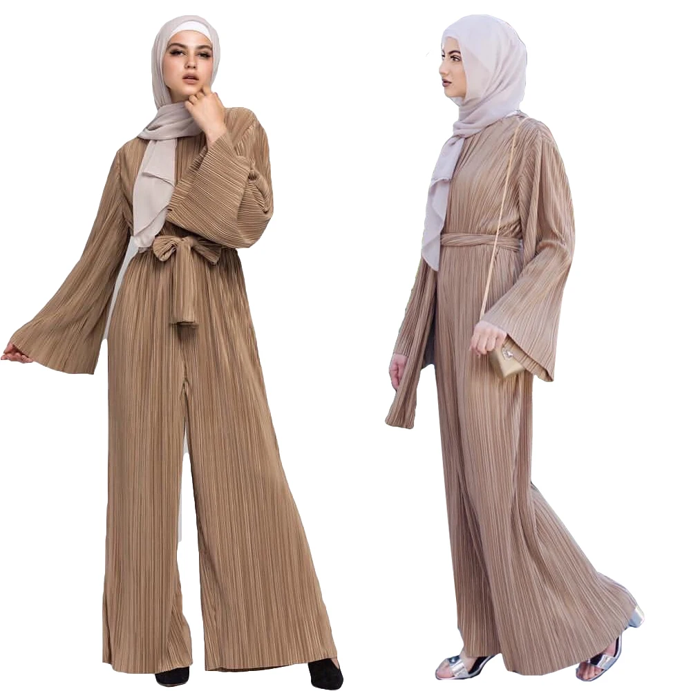 

Muslim Women Islamic Jumpsuits Fashion Horn Sleeve Waistband Loose Pants Set New
