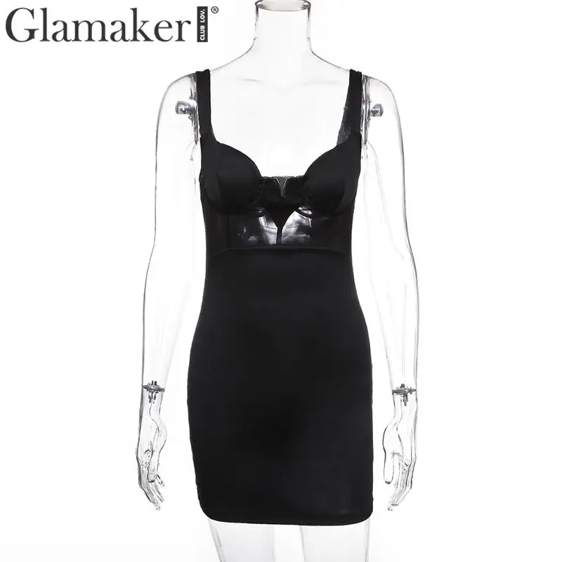 Glamaker сексуальное Сетчатое сатиновый, пэчворк прозрачное короткое платье летнее с v-образным вырезом bodycon без рукавов черные вечерние Клубные платья vestidos