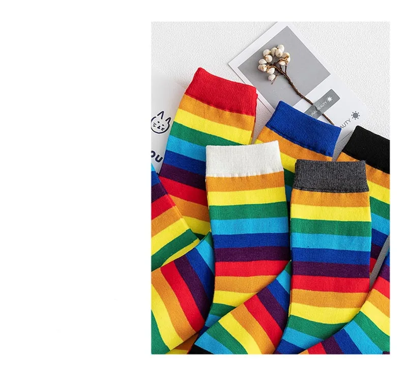 Осенние Зимние Повседневные женские носки в японском стиле Харадзюку модные длинные носки индивидуальный тренд полосатые радужные забавные носки