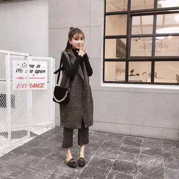 

2017 new spring suits Korean women fashion wool vest lattice in the long section of nine points wide leg pants two piece
