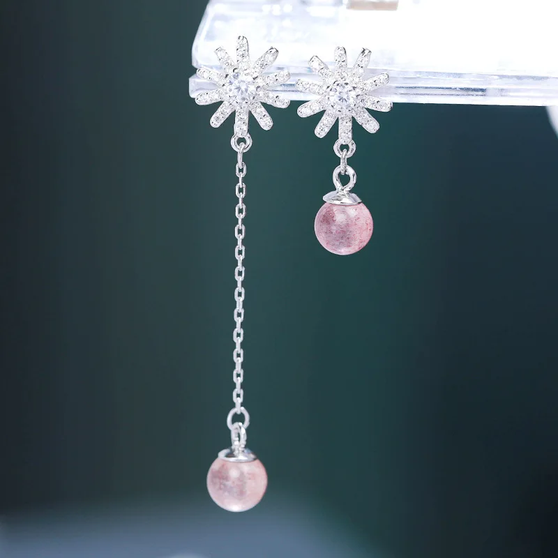 

Natural Strawberry Quartz CZ Snowflake 925 Sterling Silver Dangling Earrings
