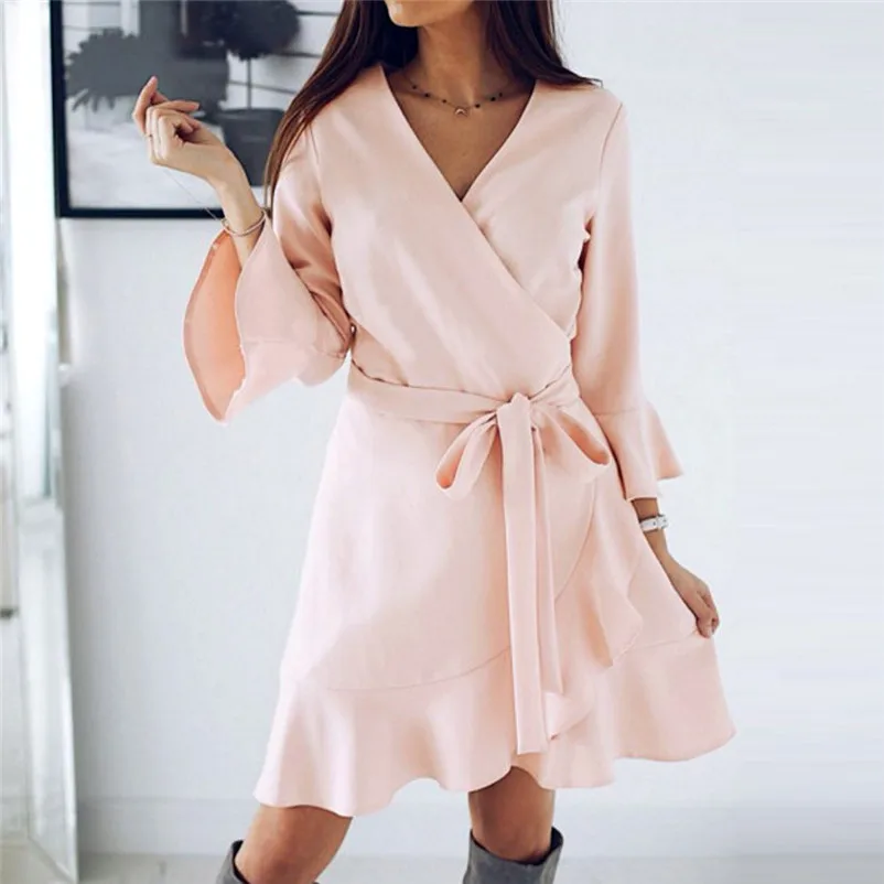 Fashion dress women Autumn Winter 2018 Ladies elegant Long Slevel V Neck Lace Up Mini Dress Party Boho Dress vestido O04#N (1)