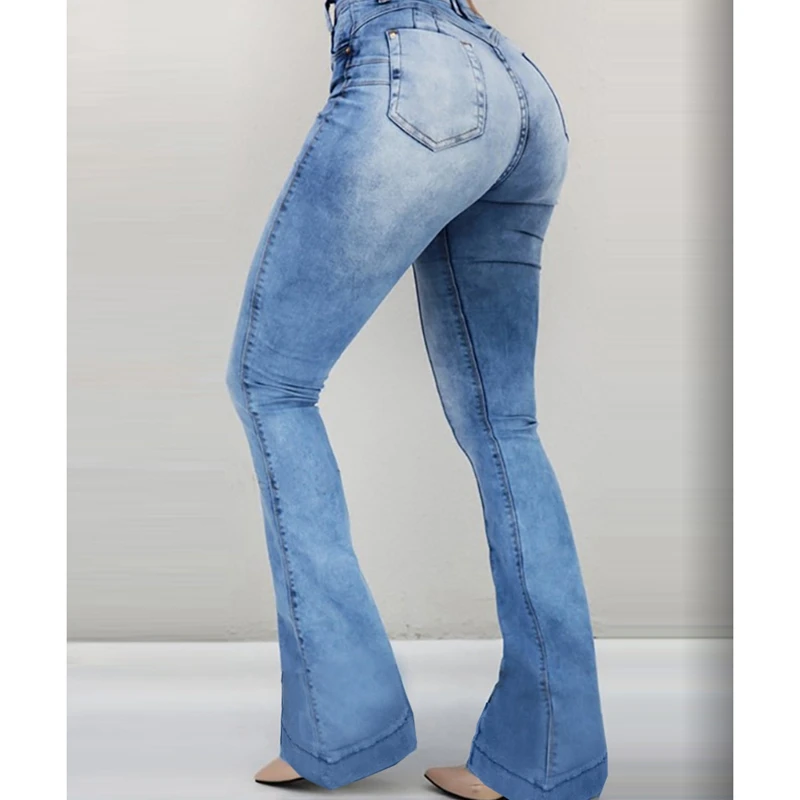 LASPERAL New Solid High Waist Bell-Bottom Jeans Slim Fit Denim Blue Women Jeans Push Up High Waist Long Flare Pants Skinny Mujer