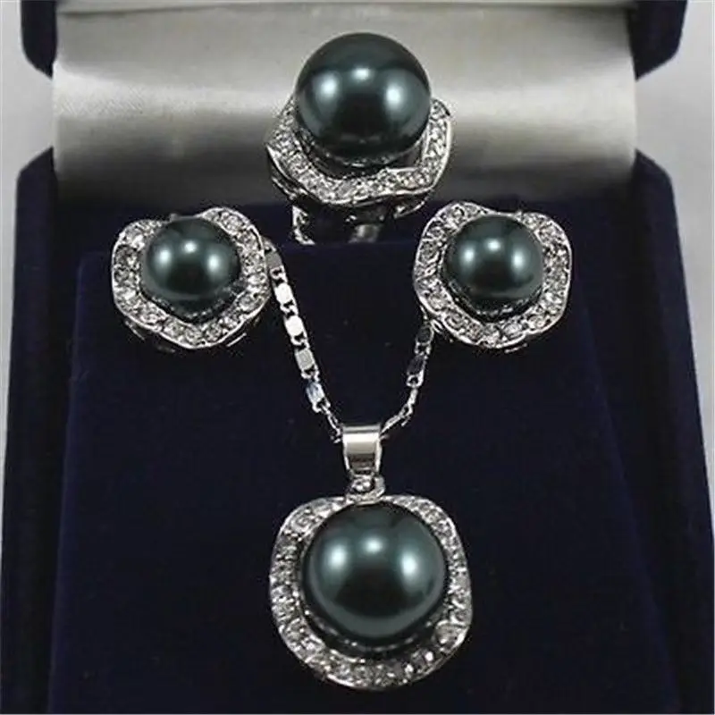 

free shipping>>> shipping Wedding Jewelry 10mm &14mm Black Necklace Earrings Ring Set hot