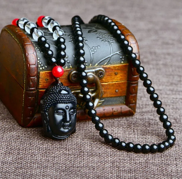 Черный обсидиан красные бусины труба Будда Шакьямуни головное ожерелье отогнать неудачу ожерелье 2 шт./лот