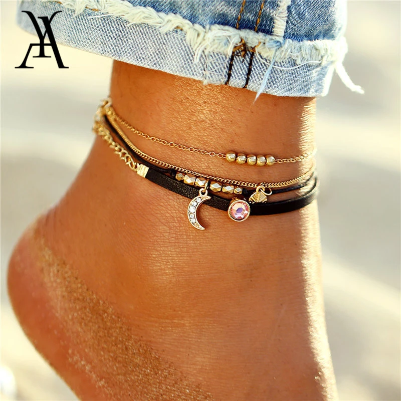 Tobillera con cuentas de cristal para mujer, pulsera luna en la pierna, correa de tobillo Bohemia, tobilleras para verano, joyería para pies| Tobilleras| - AliExpress