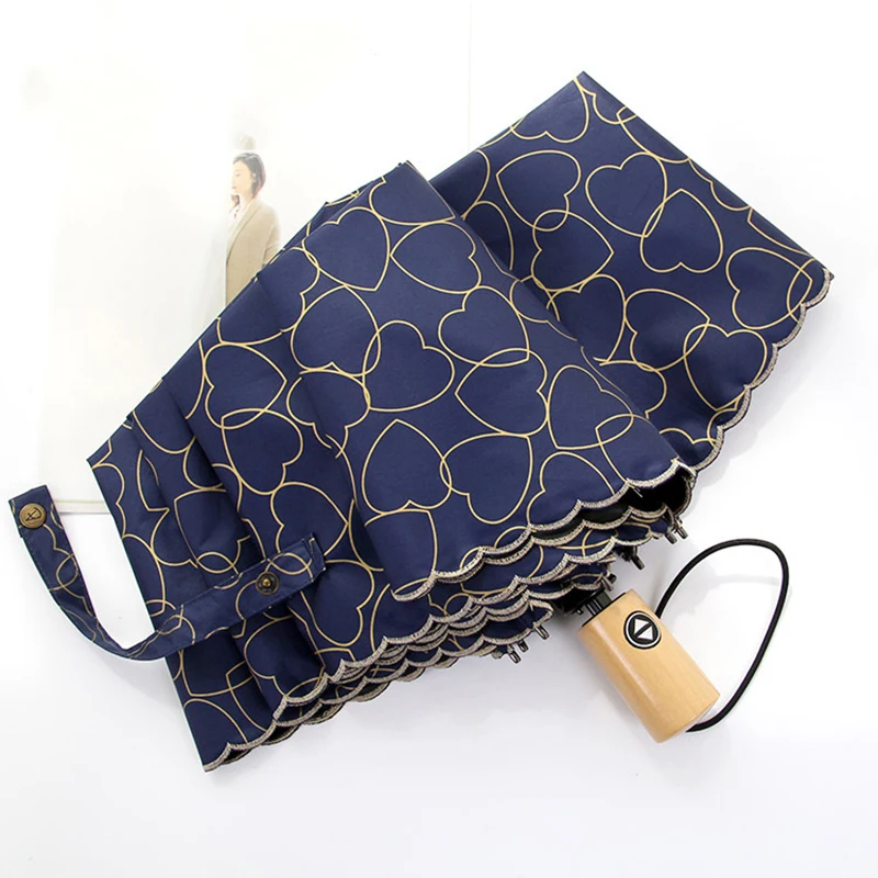 

Heart Automatic Umbrella For Ladies Parasol Wind Resistant Rain Women Heart Print Anti UV Three Folding Lace Umbrellas