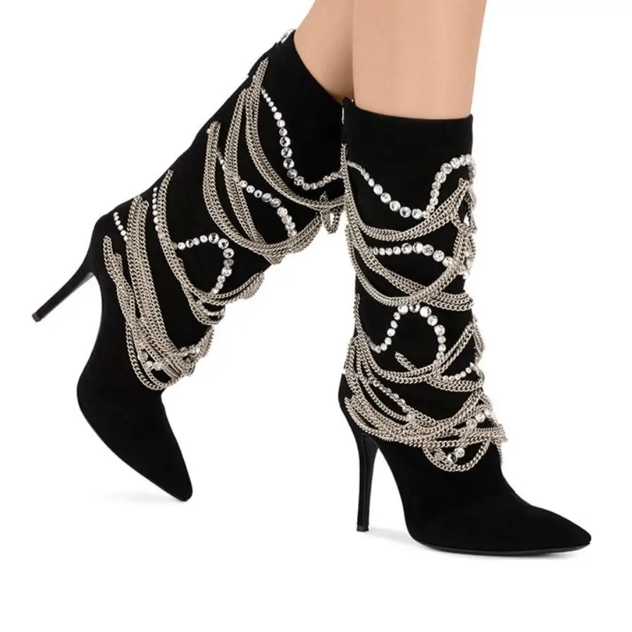 

2018 autumn and winter women new fashion style sheep suede pearls beading with chains decor boots female high heel zipper boots