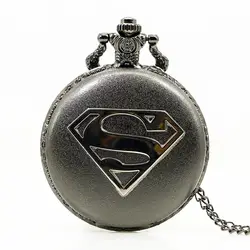 Античная черный чехол Marvel супергерой Супермен тема карманные часы синий циферблат Кварцевые Брелок часы с цепочкой Цепочки и ожерелья