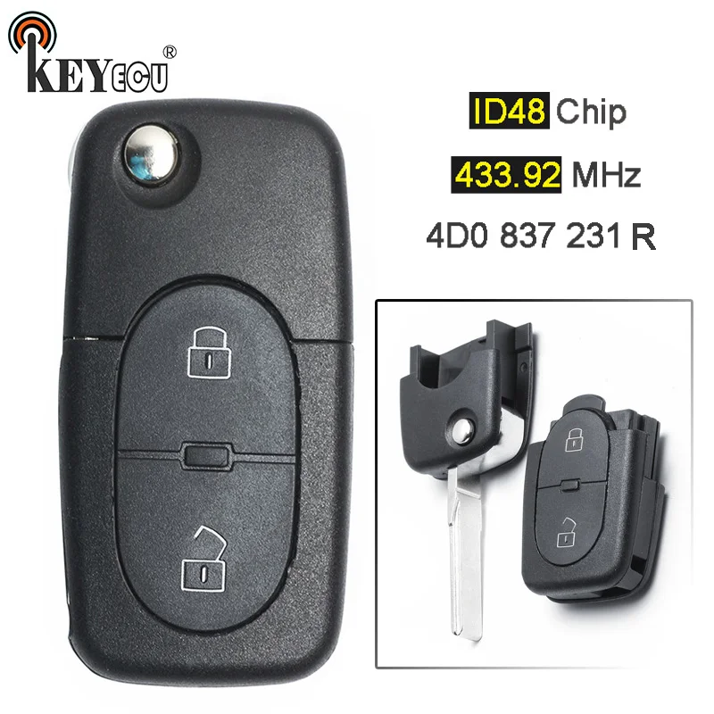 

KEYECU 433.92MHz ID48 P/N: 4D0 837 231 R Flip 2 Button Remote Car Key Fob for Audi A3 A4 A6 RS4 TT Quattro